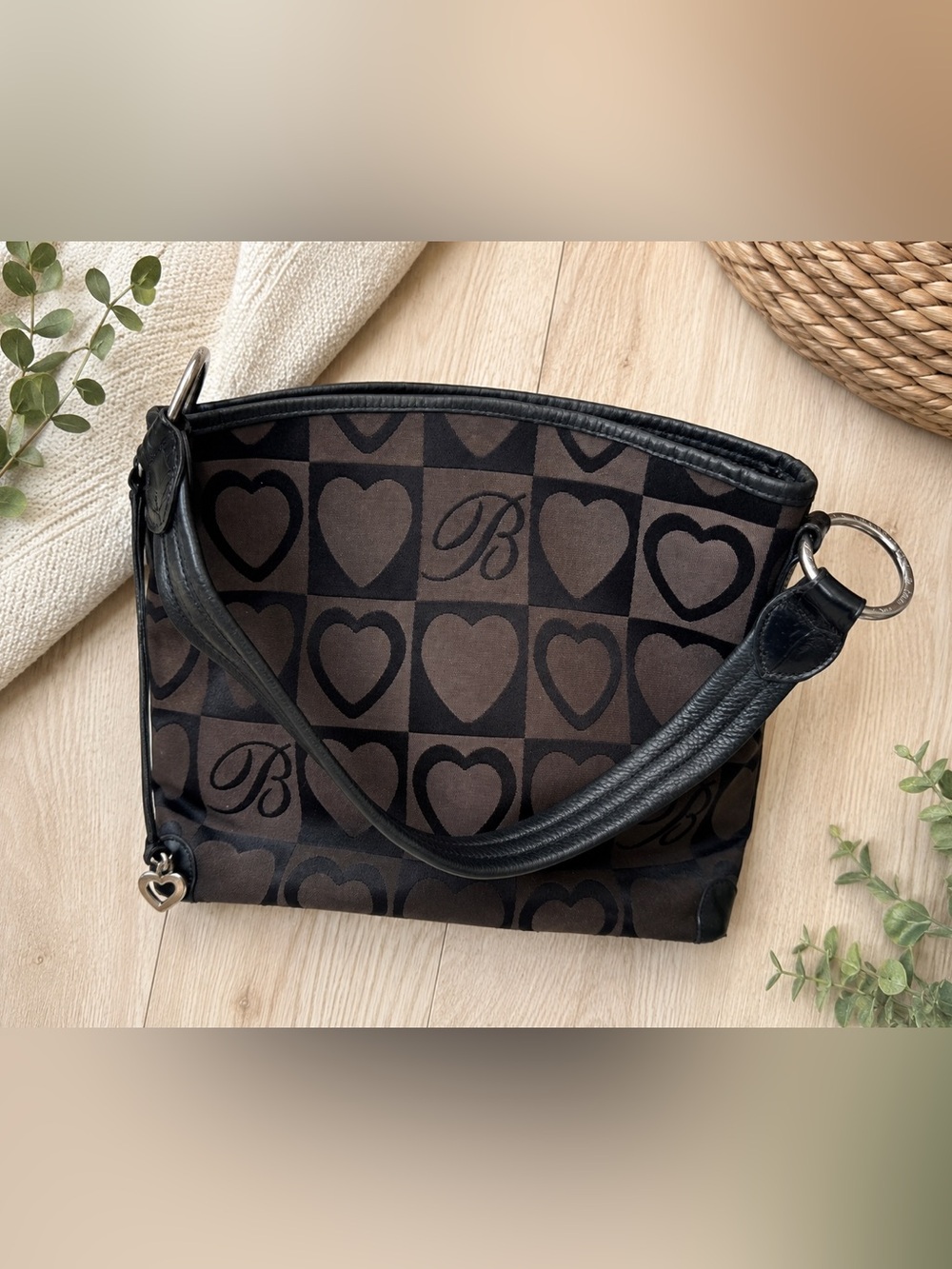 Vintage Brighton Heart Print Canvas Shoulder Bag Black Brown Leather Charm